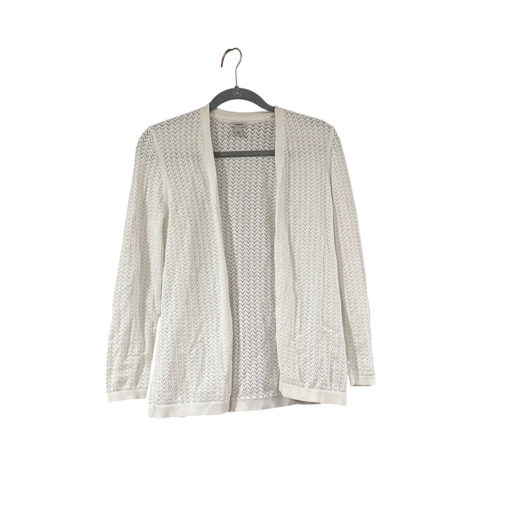 L.L. Bean Open-Front White 100% Cotton Pointelle Cardigan Woman Large Sweater